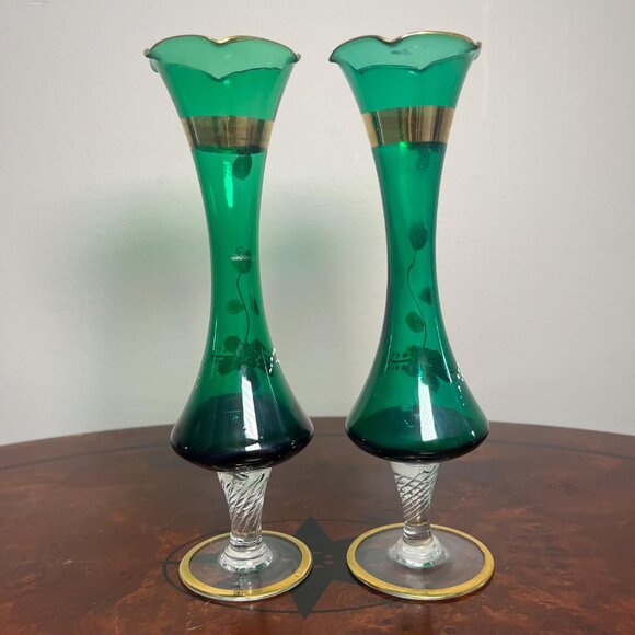 VTG Pair Czech Bohemian Green Vase Hand painted Hand blown 22k Gold Accents 8" - Picture 5 of 10